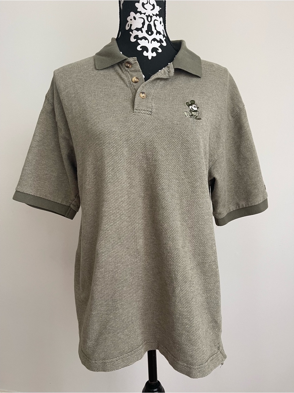 Men's Olive Polo Shirt Embroidered Mickie Mouse